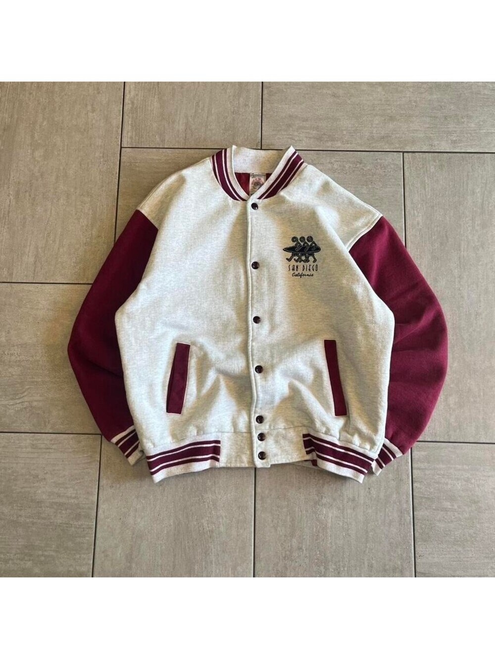 Fruit of the Loom San Diego California Varsity Bomber Jacket Grey Maroon Large